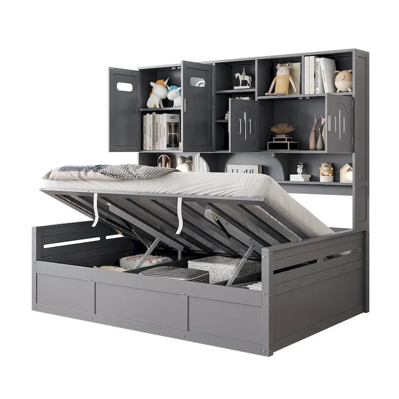 Lit de repos capitaine tout-en-un avec bibliothèque intégrée et lit de rangement hydraulique