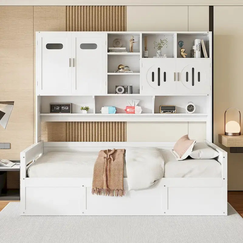 Lit de repos capitaine tout-en-un avec bibliothèque intégrée et lit de rangement hydraulique