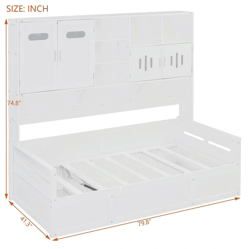 Lit de repos capitaine tout-en-un avec bibliothèque intégrée et lit de rangement hydraulique