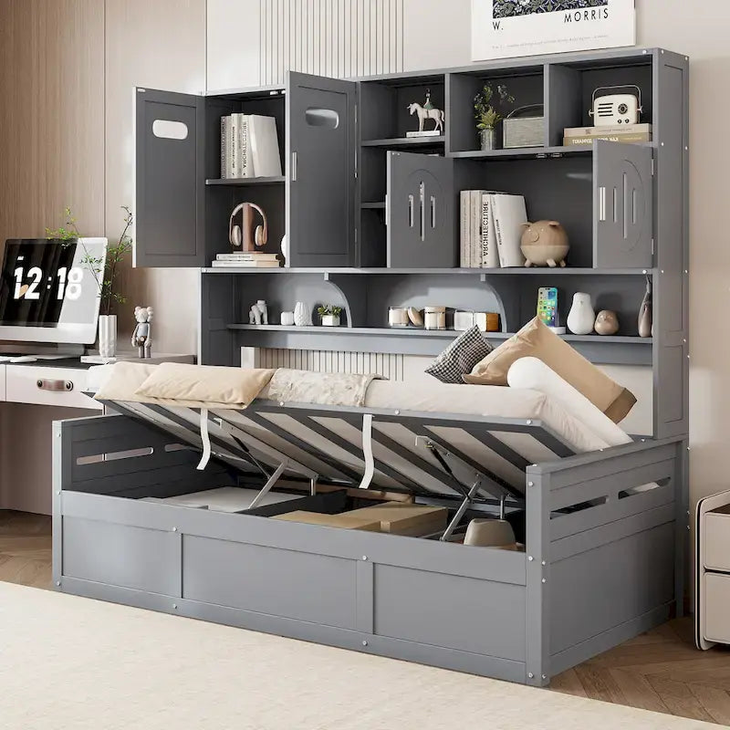 Lit de repos capitaine tout-en-un avec bibliothèque intégrée et lit de rangement hydraulique