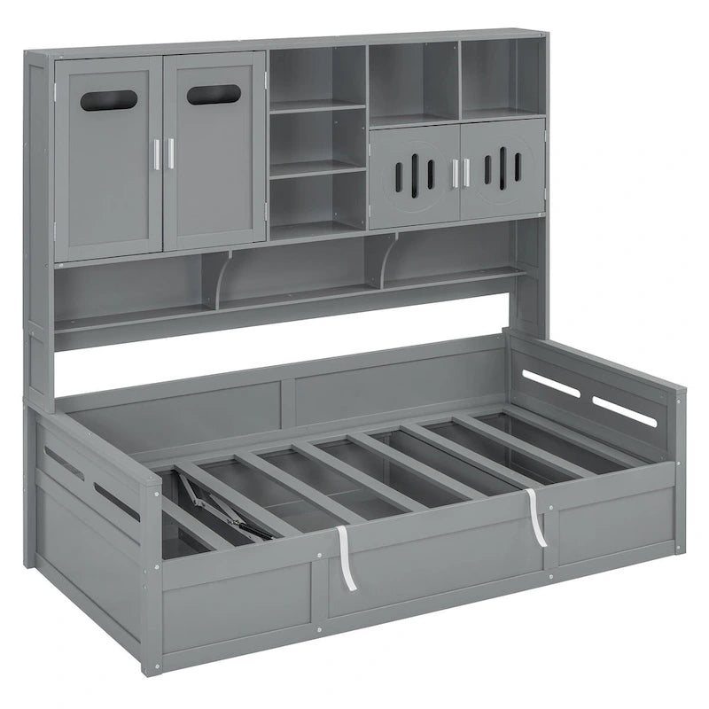 Lit de repos capitaine tout-en-un avec bibliothèque intégrée et lit de rangement hydraulique