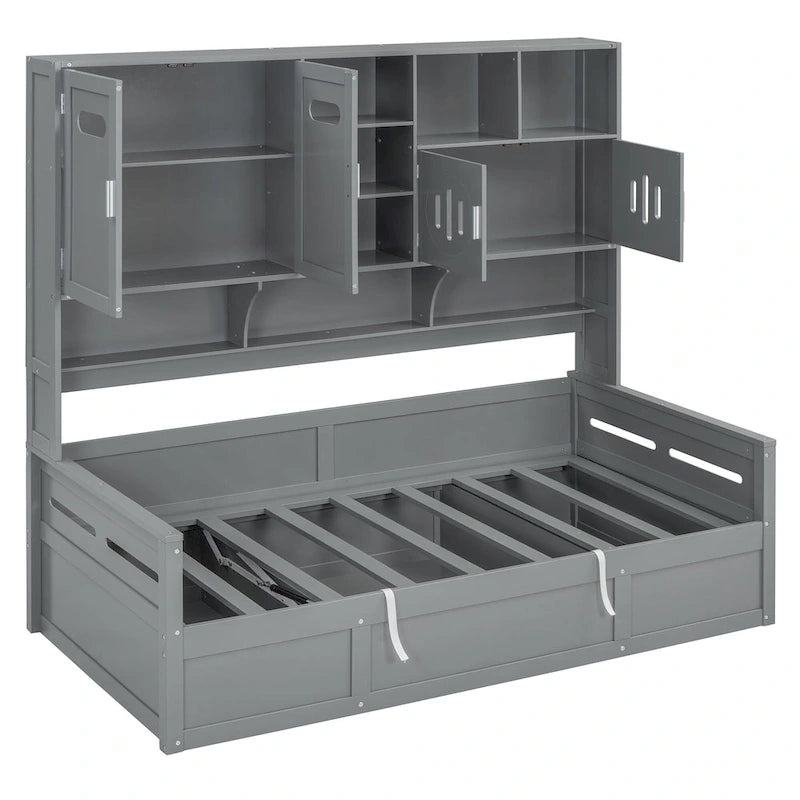 Lit de repos capitaine tout-en-un avec bibliothèque intégrée et lit de rangement hydraulique