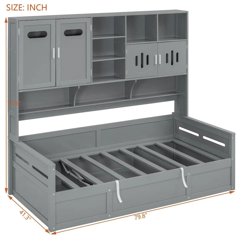 Lit de repos capitaine tout-en-un avec bibliothèque intégrée et lit de rangement hydraulique