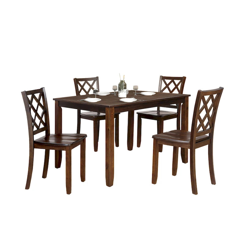 Ziko 5 Piece Dining Table Set, 4 Cross Back Chairs, Cherry Brown Solid Wood