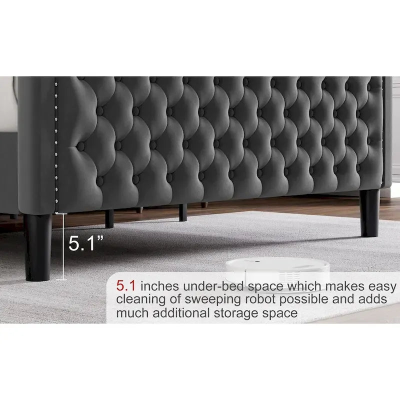 Lit plateforme King Size moderne en velours avec tête de lit capitonnée