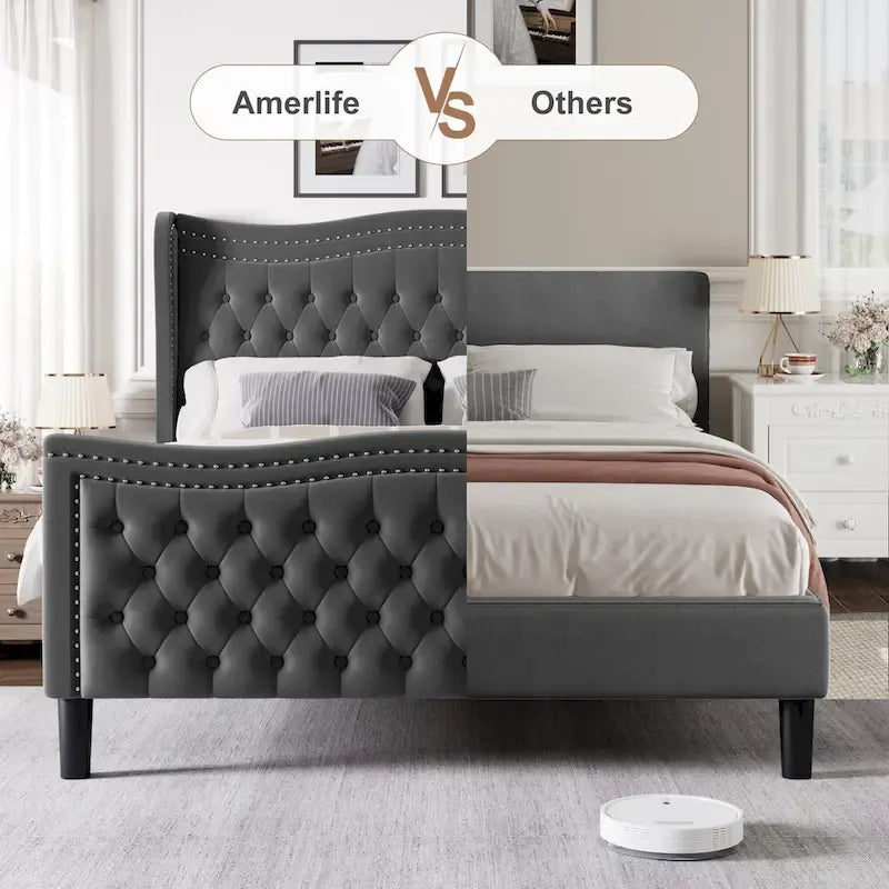 Lit plateforme King Size moderne en velours avec tête de lit capitonnée
