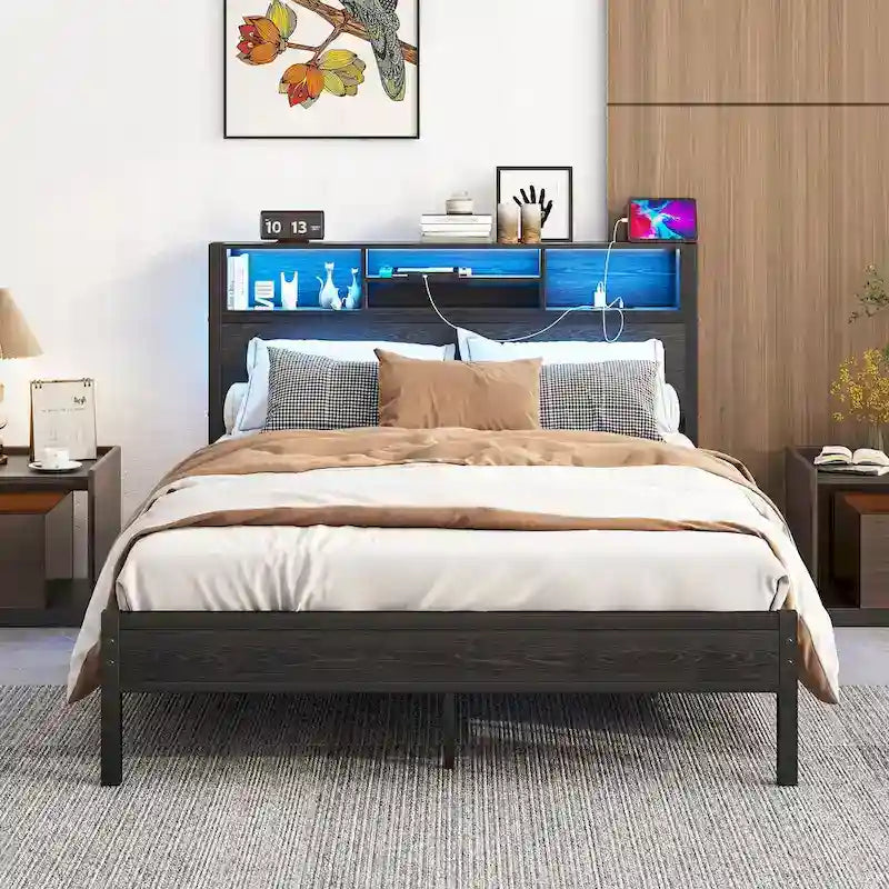 Full Size Metal Platform Bed with Storage Headboard and Charger