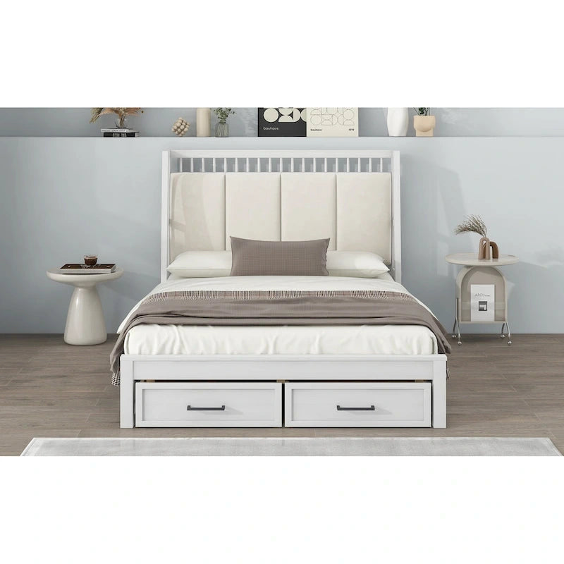 Lit plateforme double en bois avec tête de lit capitonnée et 2 tiroirs