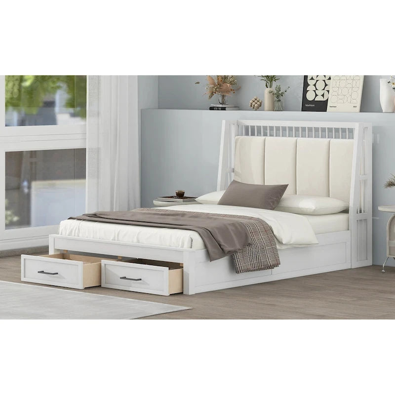 Lit plateforme double en bois avec tête de lit capitonnée et 2 tiroirs