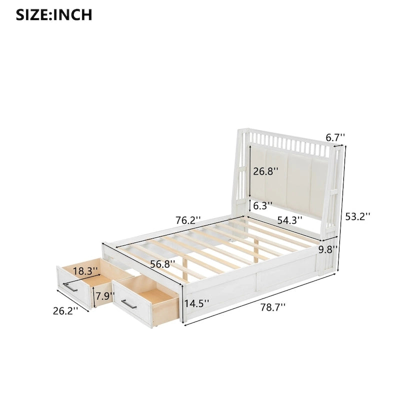 Lit plateforme double en bois avec tête de lit capitonnée et 2 tiroirs