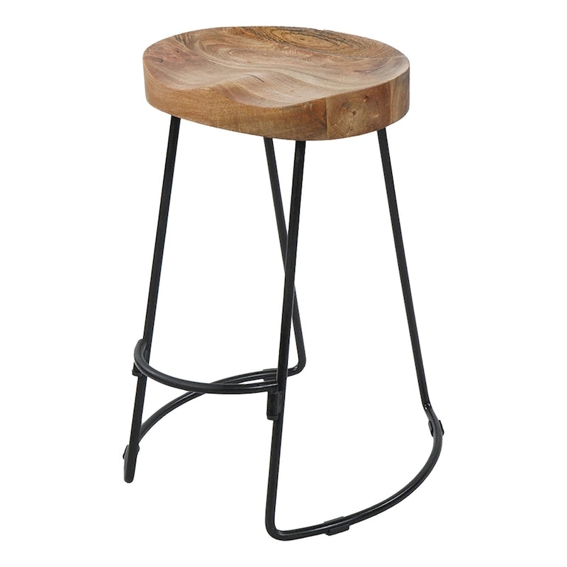 Tabouret de bar sans dossier de 24 pouces fait à la main, siège épais en bois de manguier marron naturel, base en fer noir