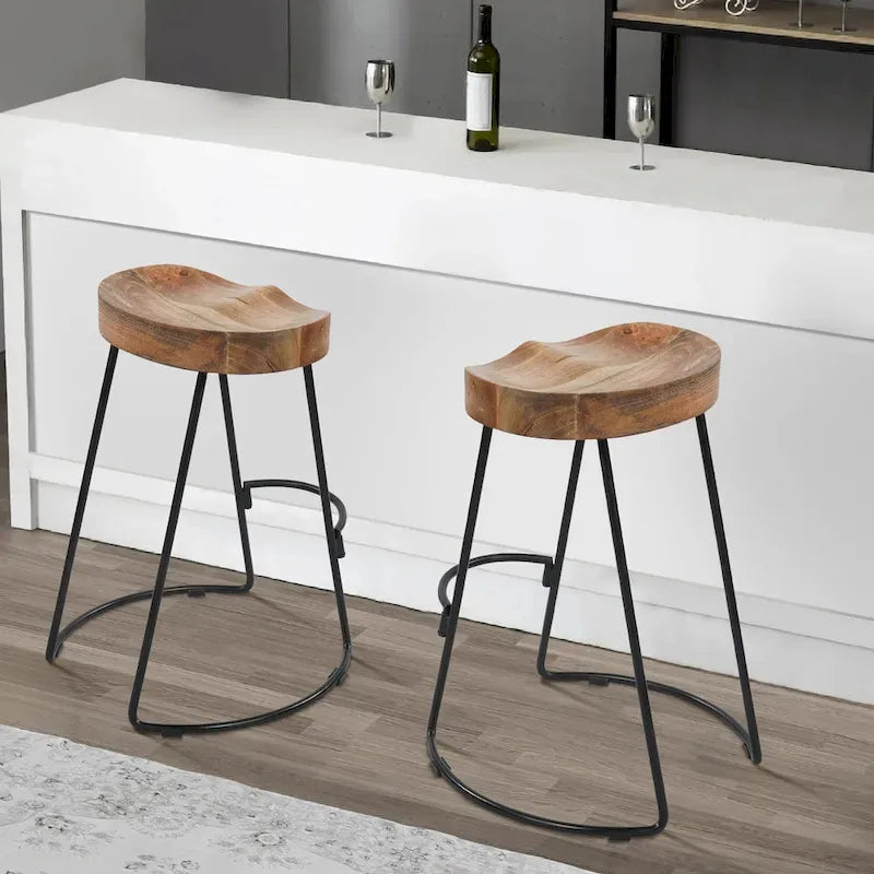 Tabouret de bar sans dossier de 24 pouces fait à la main, siège épais en bois de manguier marron naturel, base en fer noir