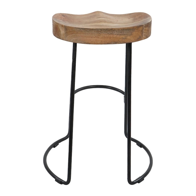 Tabouret de bar sans dossier de 24 pouces fait à la main, siège épais en bois de manguier marron naturel, base en fer noir