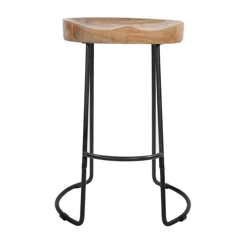Tabouret de bar sans dossier de 24 pouces fait à la main, siège épais en bois de manguier marron naturel, base en fer noir