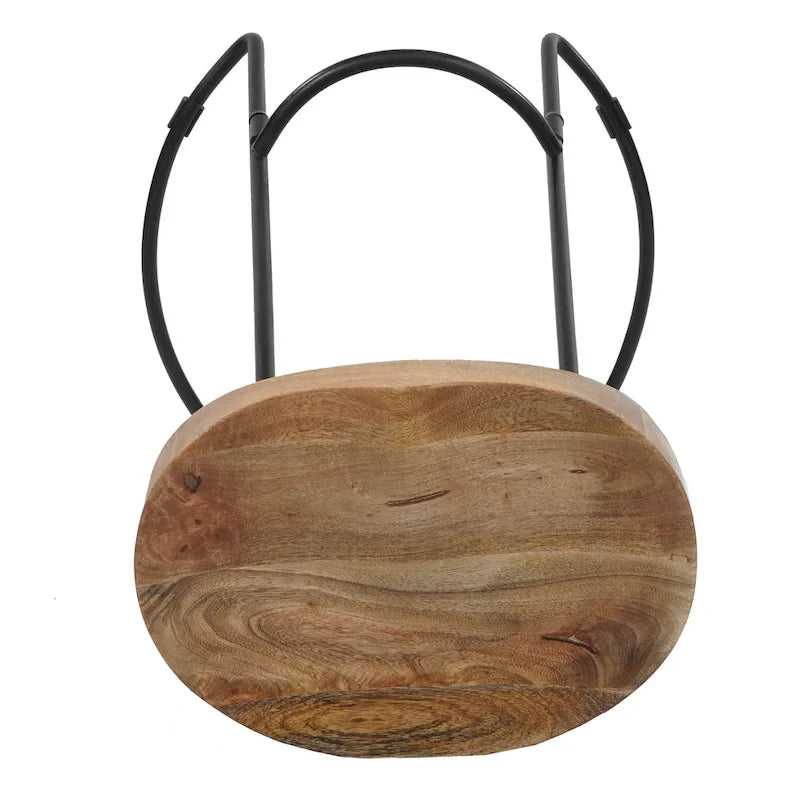 Tabouret de bar sans dossier de 24 pouces fait à la main, siège épais en bois de manguier marron naturel, base en fer noir