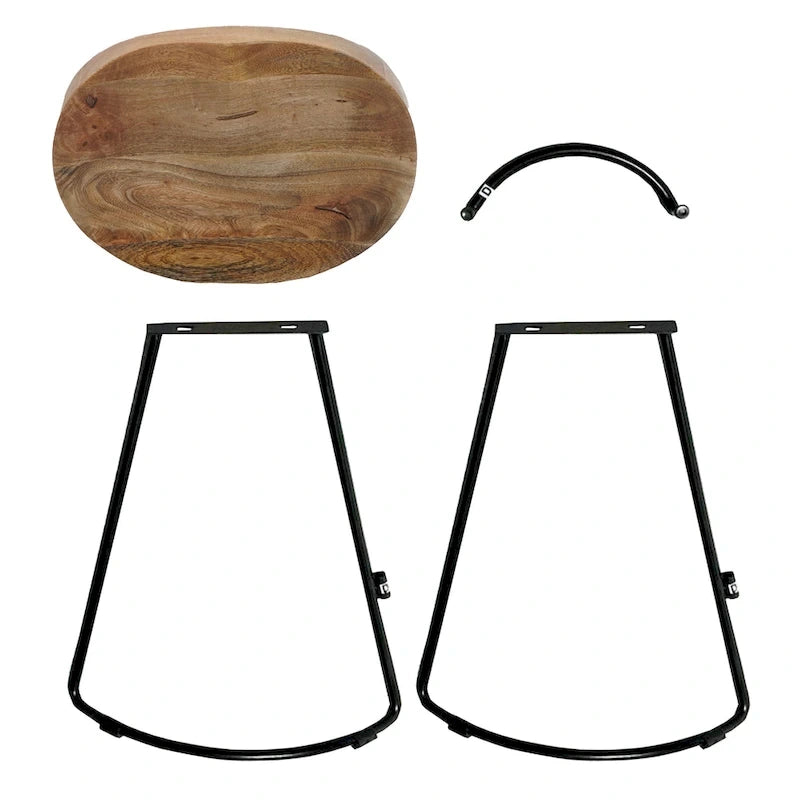 Tabouret de bar sans dossier de 24 pouces fait à la main, siège épais en bois de manguier marron naturel, base en fer noir