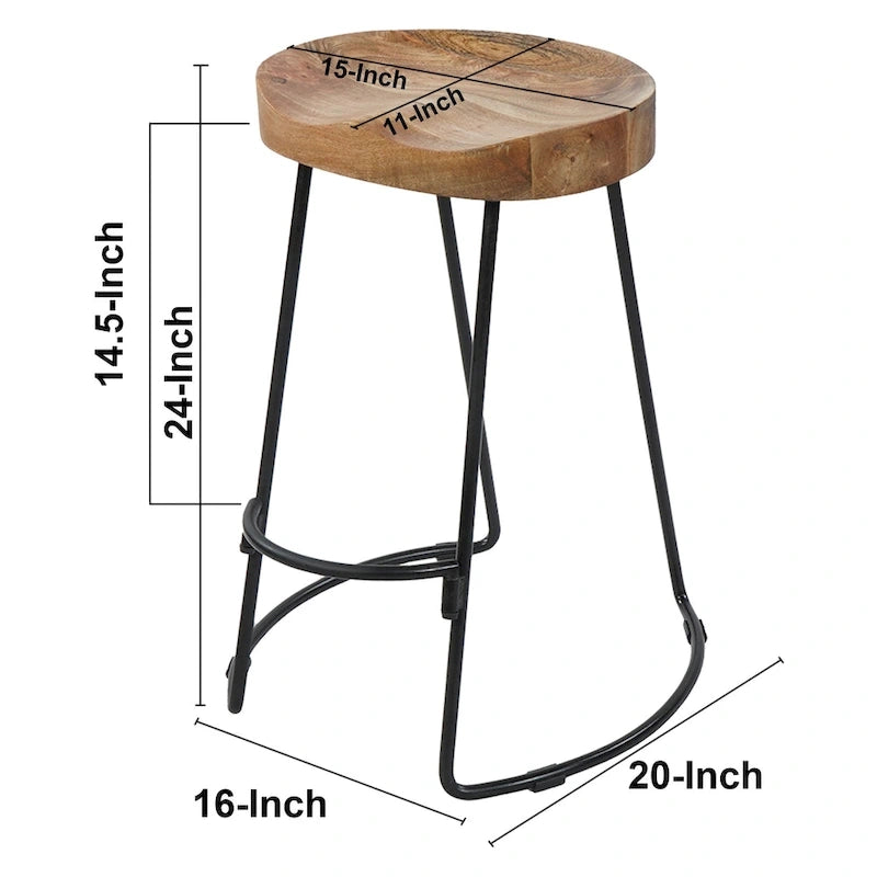 Tabouret de bar sans dossier de 24 pouces fait à la main, siège épais en bois de manguier marron naturel, base en fer noir