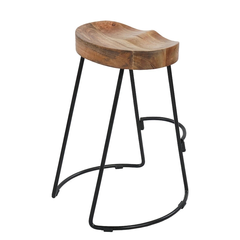 Tabouret de bar sans dossier de 24 pouces fait à la main, siège épais en bois de manguier marron naturel, base en fer noir