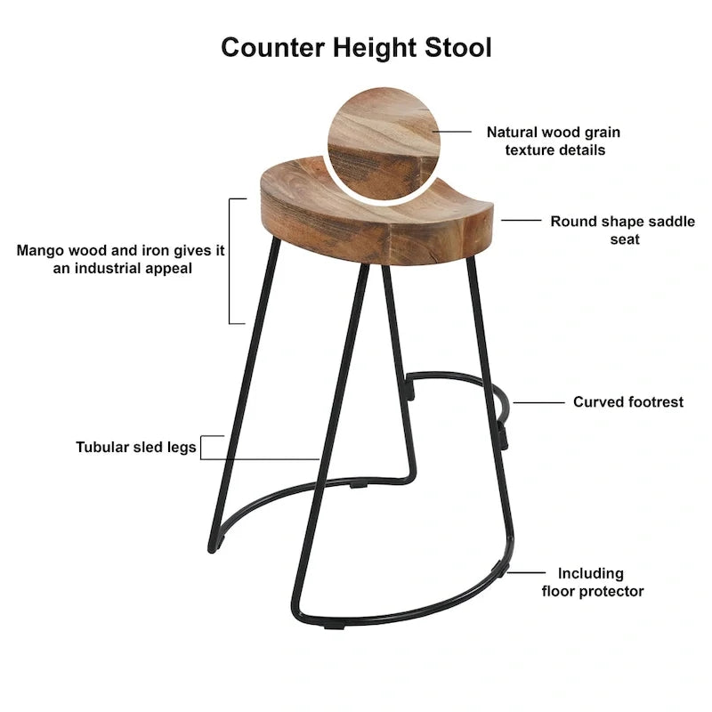 Tabouret de bar sans dossier de 24 pouces fait à la main, siège épais en bois de manguier marron naturel, base en fer noir