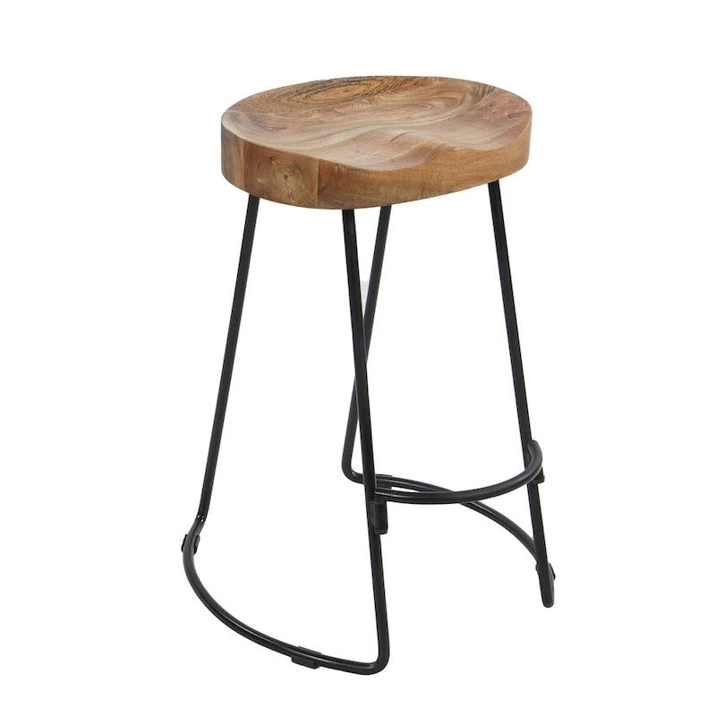 Tabouret de bar sans dossier de 24 pouces fait à la main, siège épais en bois de manguier marron naturel, base en fer noir