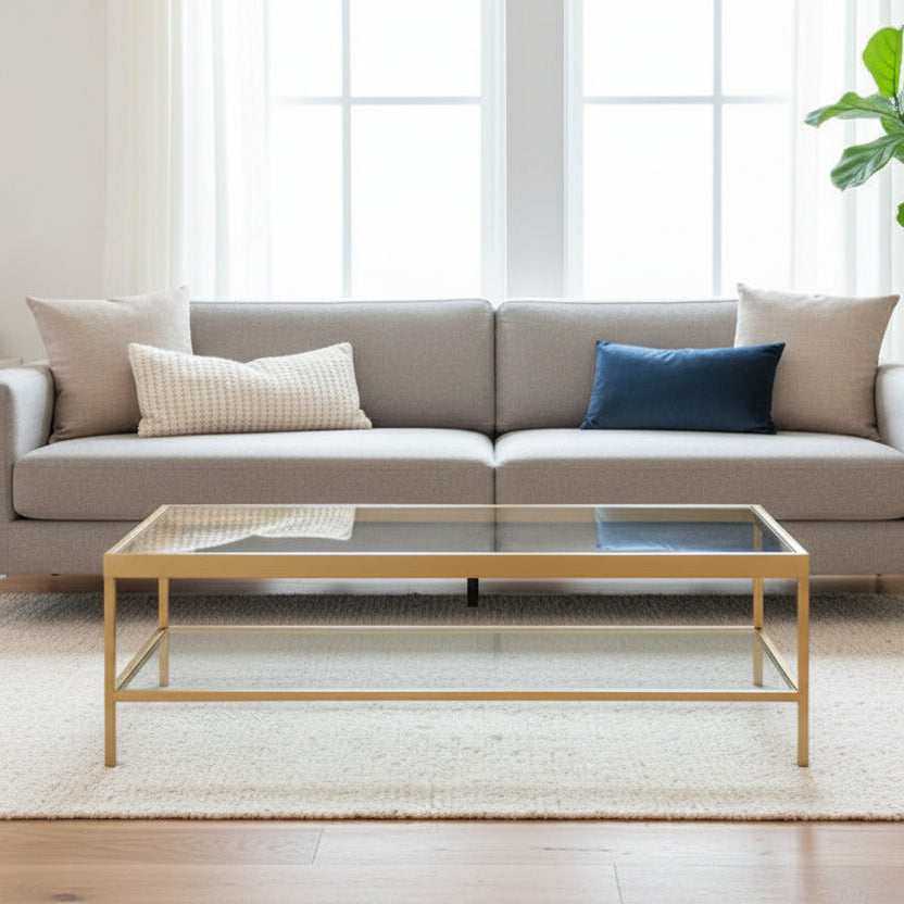 HomeRoots Clear And Gold Glass And Steel Coffee Table With Shelf - 54 X 17 X 24