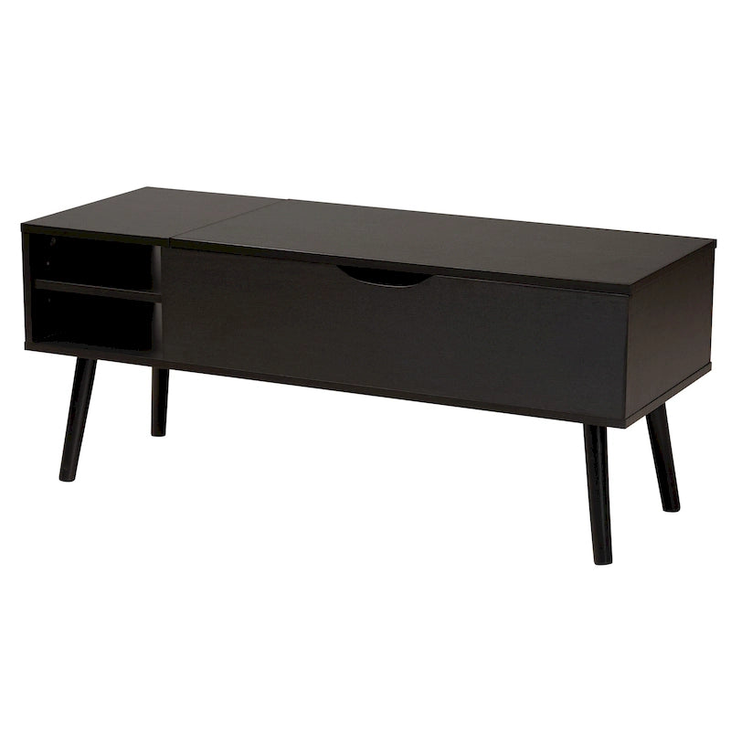 Table basse en bois bicolore noir et brun espresso avec plateau relevable et compartiment de rangement