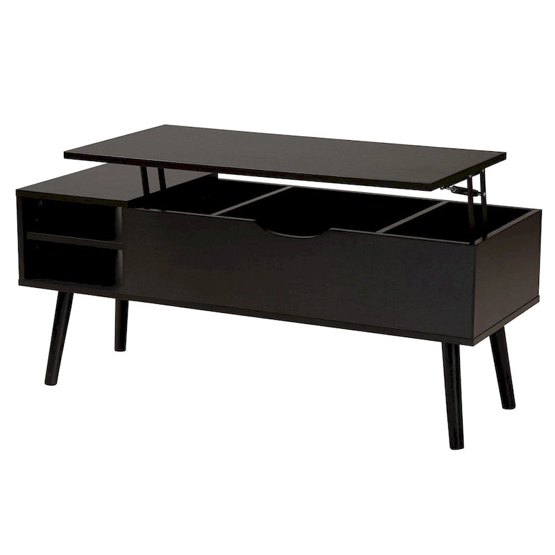 Table basse en bois bicolore noir et brun espresso avec plateau relevable et compartiment de rangement