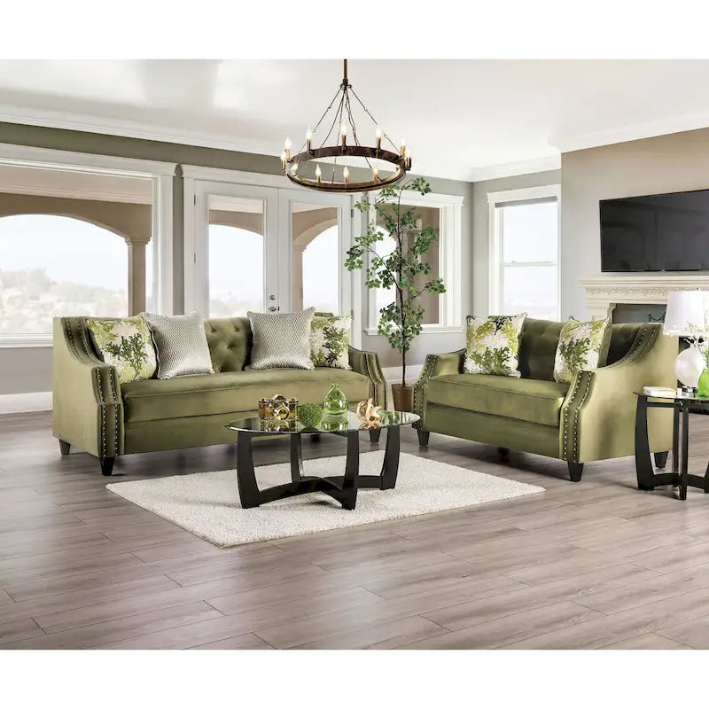 Olie Transitional Green Microfiber Sloped Arms 2-Piece Living Room Set by Furniture of America
