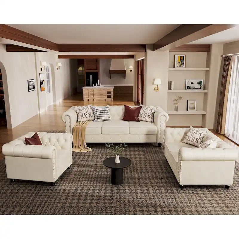 Ensemble 3 pièces de fauteuils, causeuses et canapés Chesterfield classiques en velours capitonné avec clous décoratifs