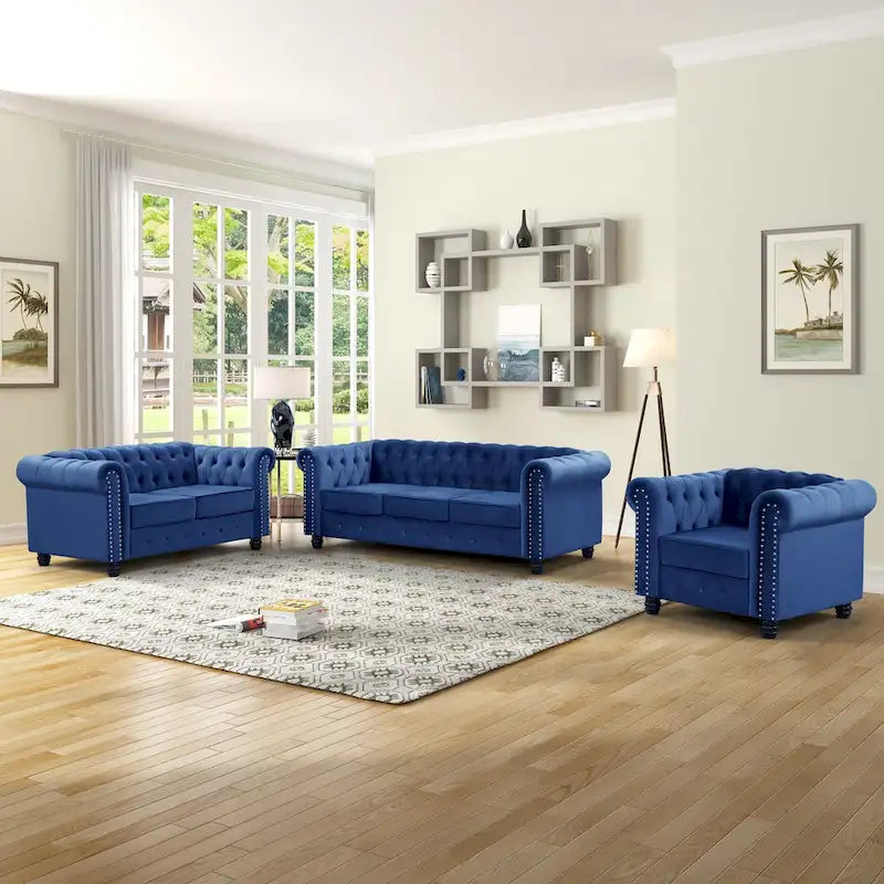 Ensemble 3 pièces de fauteuils, causeuses et canapés Chesterfield classiques en velours capitonné avec clous décoratifs
