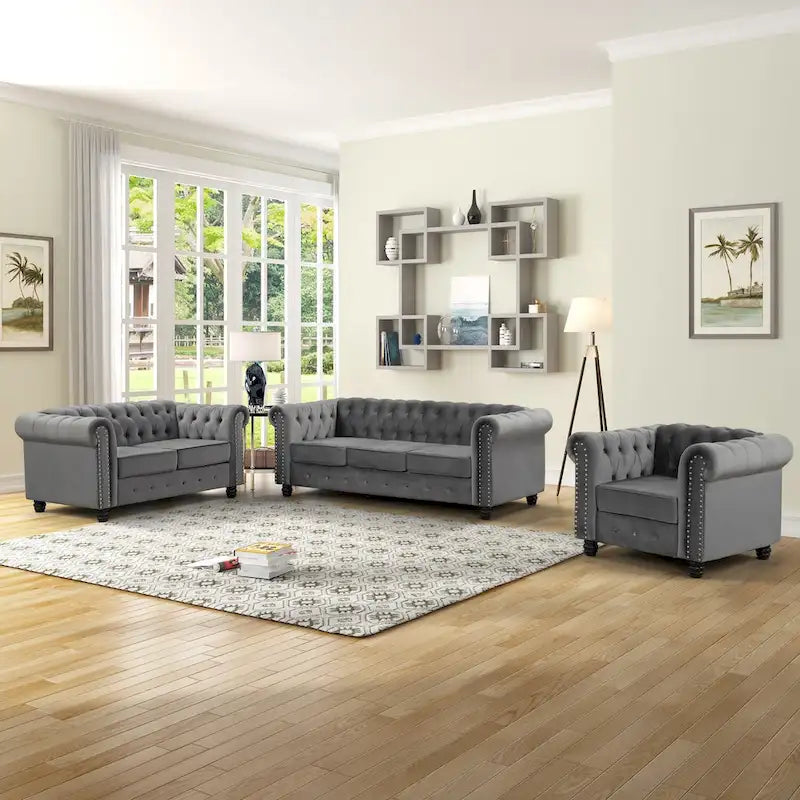 Ensemble 3 pièces de fauteuils, causeuses et canapés Chesterfield classiques en velours capitonné avec clous décoratifs