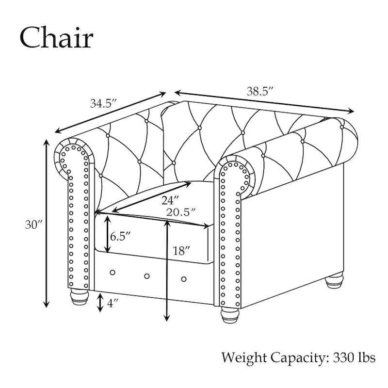 Ensemble 3 pièces de fauteuils, causeuses et canapés Chesterfield classiques en velours capitonné avec clous décoratifs