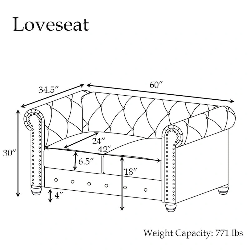Ensemble 3 pièces de fauteuils, causeuses et canapés Chesterfield classiques en velours capitonné avec clous décoratifs