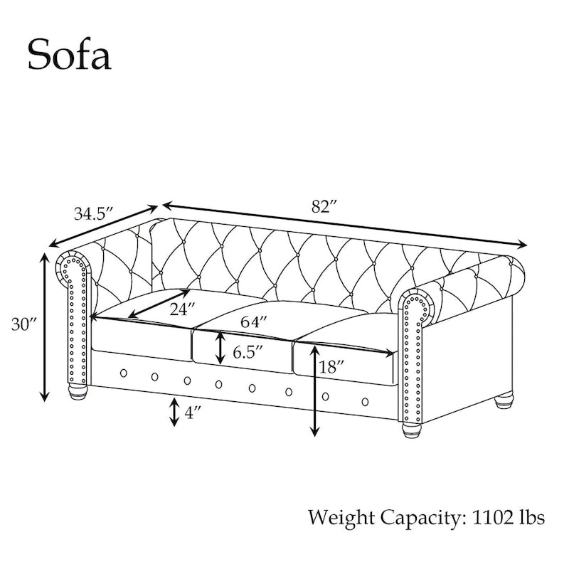 Ensemble 3 pièces de fauteuils, causeuses et canapés Chesterfield classiques en velours capitonné avec clous décoratifs