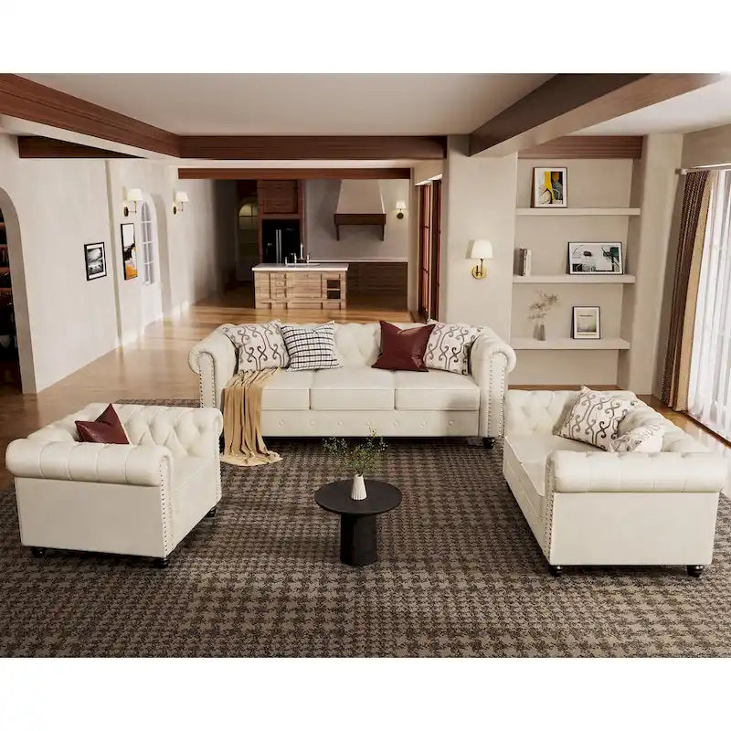 Ensemble 3 pièces de fauteuils, causeuses et canapés Chesterfield classiques en velours capitonné avec clous décoratifs