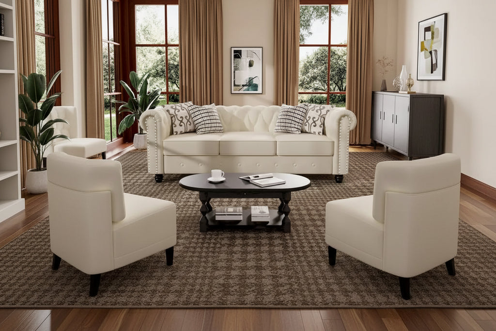 Ensemble 3 pièces de fauteuils, causeuses et canapés Chesterfield classiques en velours capitonné avec clous décoratifs