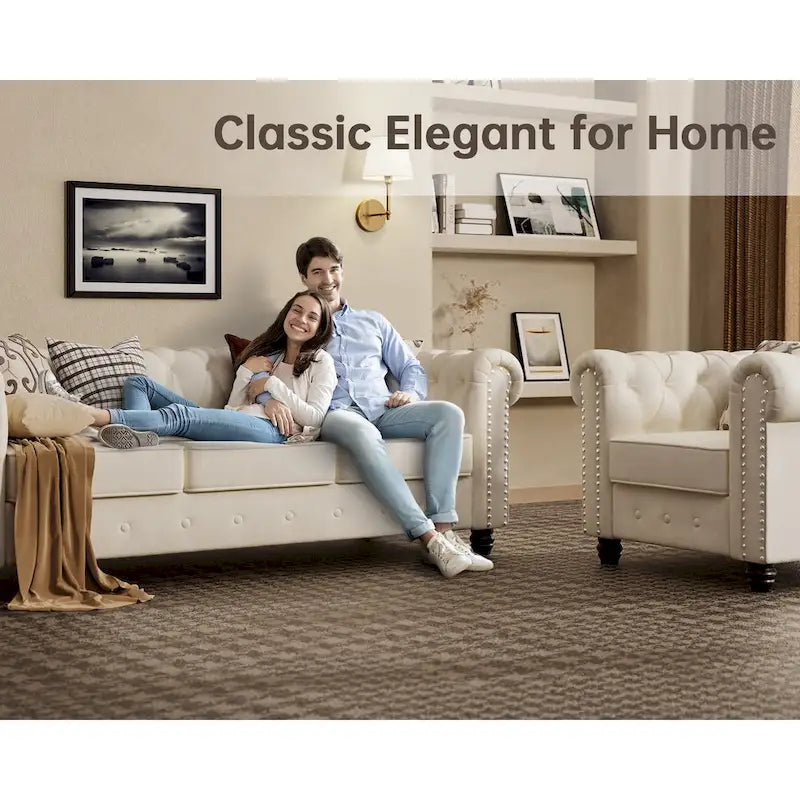 Ensemble 3 pièces de fauteuils, causeuses et canapés Chesterfield classiques en velours capitonné avec clous décoratifs