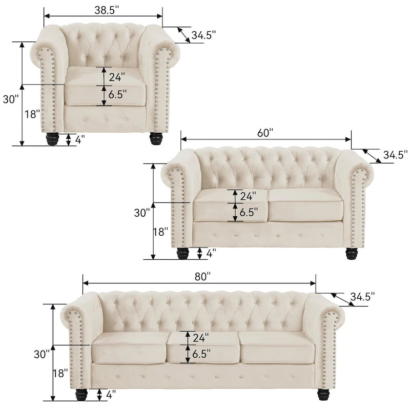 Ensemble 3 pièces de fauteuils, causeuses et canapés Chesterfield classiques en velours capitonné avec clous décoratifs
