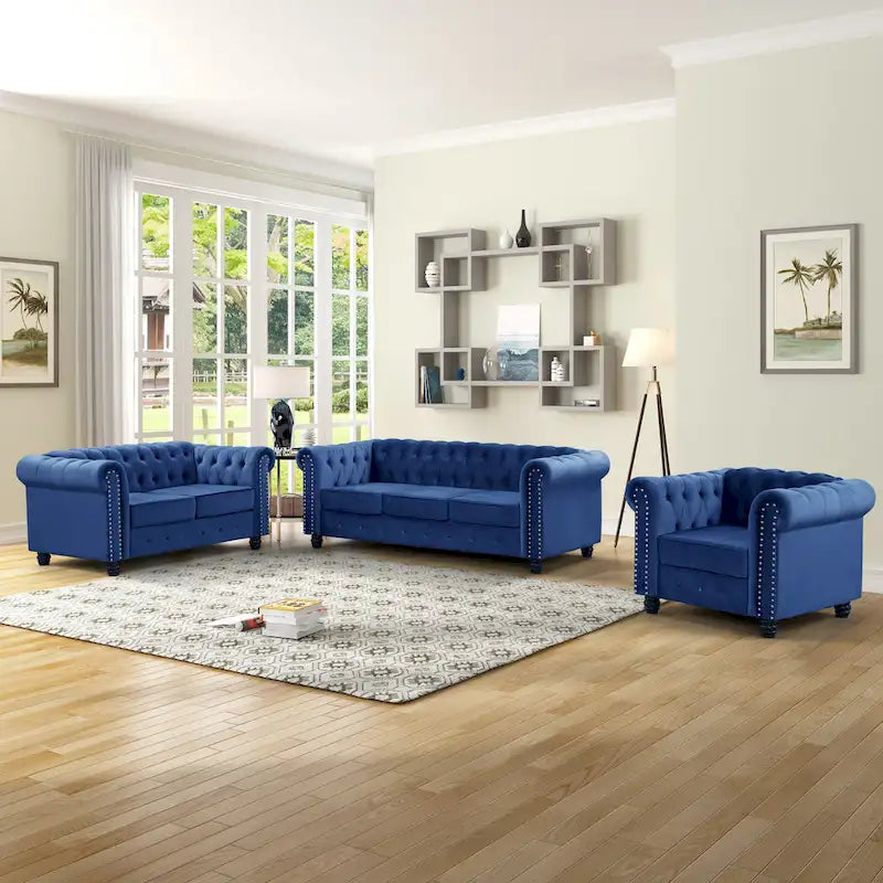 Ensemble 3 pièces de fauteuils, causeuses et canapés Chesterfield classiques en velours capitonné avec clous décoratifs