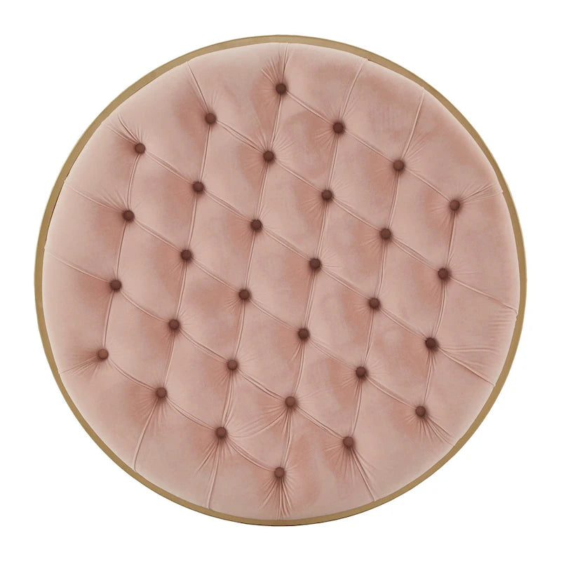 Pouf rond capitonné en velours et finition dorée
