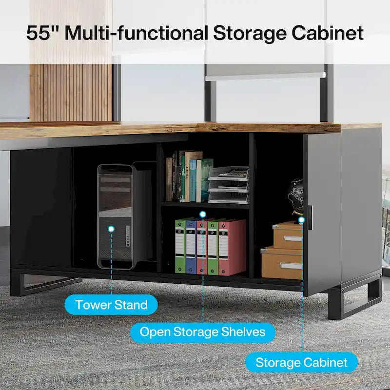 Bureau de direction en L de 70,8 po avec classeur de 55 po