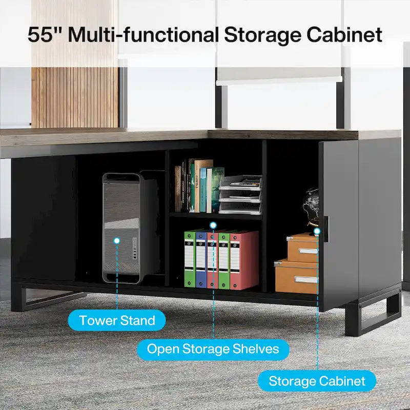 Bureau de direction en L de 70,8 po avec classeur de 55 po