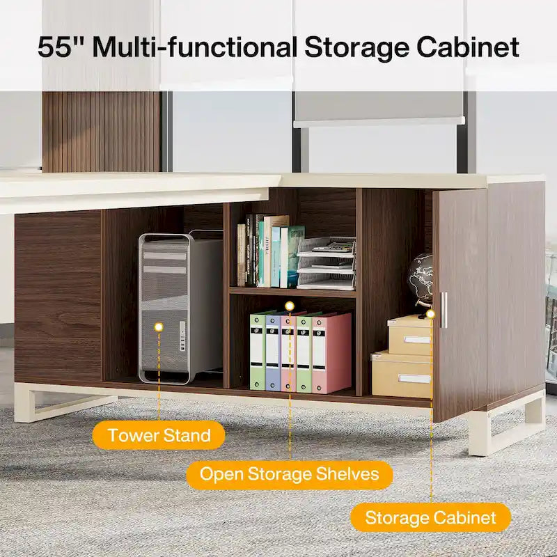 Bureau de direction en L de 70,8 po avec classeur de 55 po