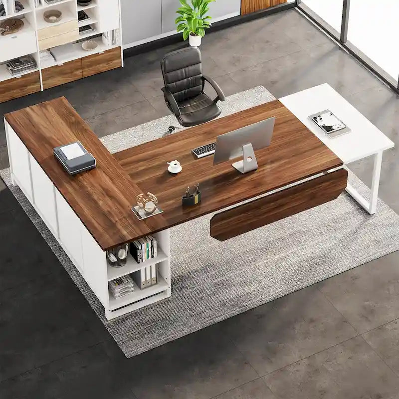 Bureau de direction en L de 70,8 po avec classeur de 55 po