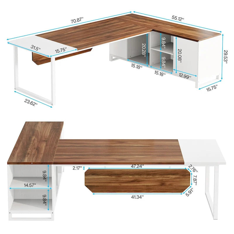 Bureau de direction en L de 70,8 po avec classeur de 55 po