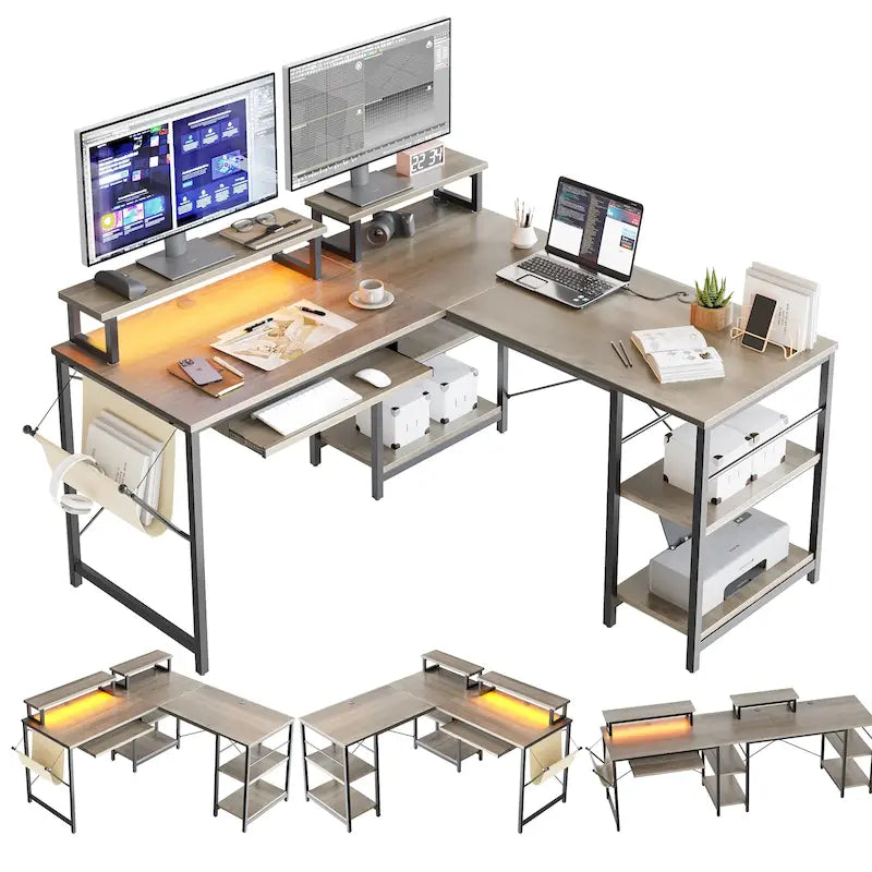 Bureau d'angle en L de 241,8 cm avec LED, support pour écran et tablette pour clavier