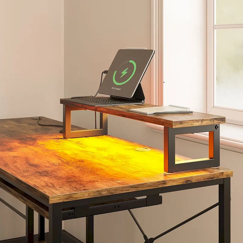 Bureau d'angle en L de 241,8 cm avec LED, support pour écran et tablette pour clavier