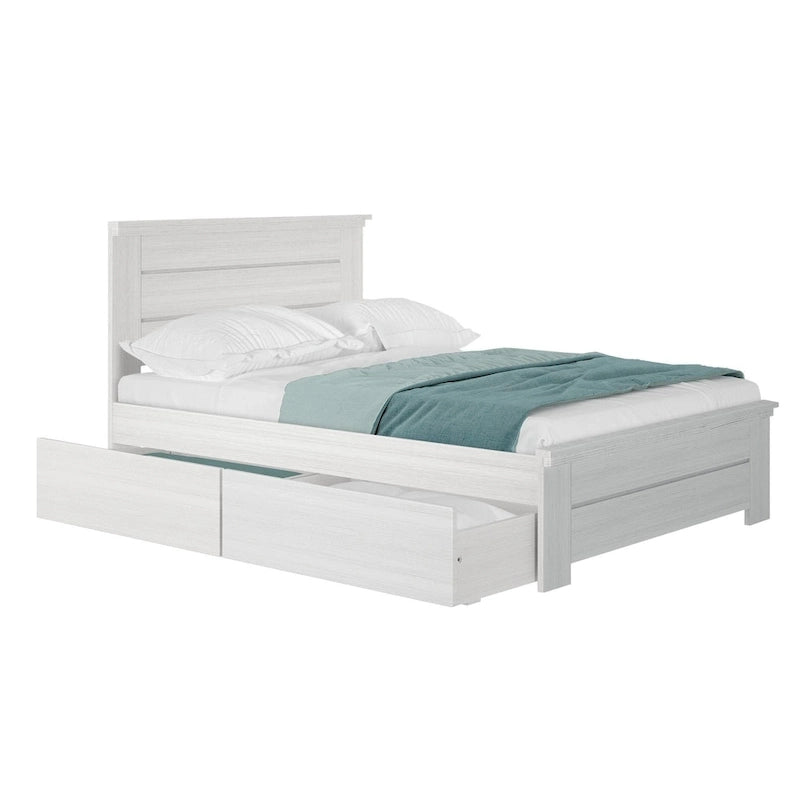 Lit double de ferme à planches et poutres avec tête de lit à panneaux et tiroirs de rangement