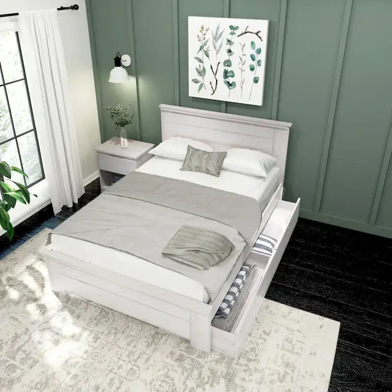 Lit double de ferme à planches et poutres avec tête de lit à panneaux et tiroirs de rangement