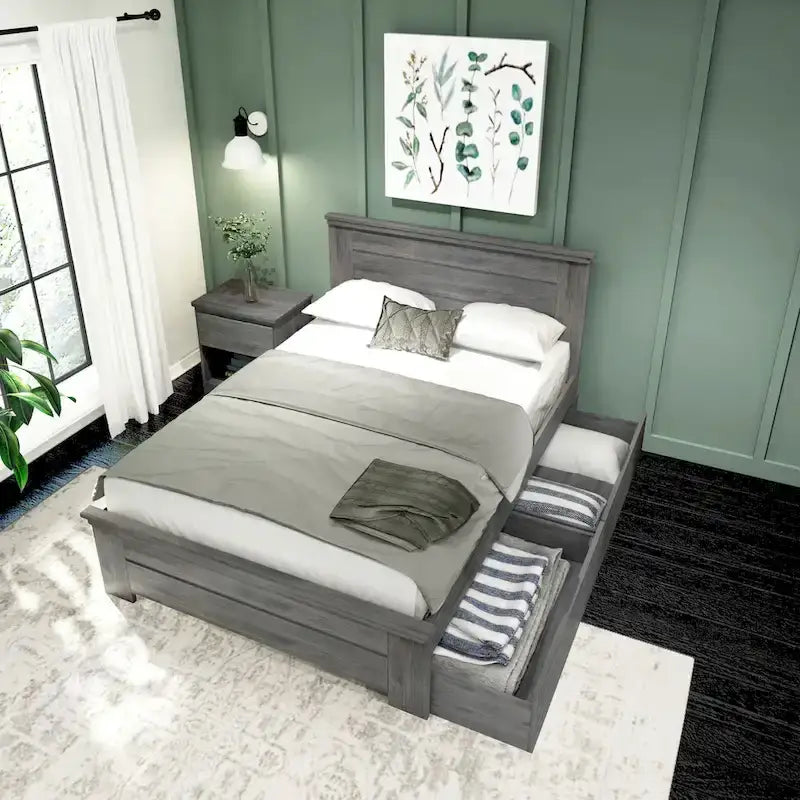 Lit double de ferme à planches et poutres avec tête de lit à panneaux et tiroirs de rangement